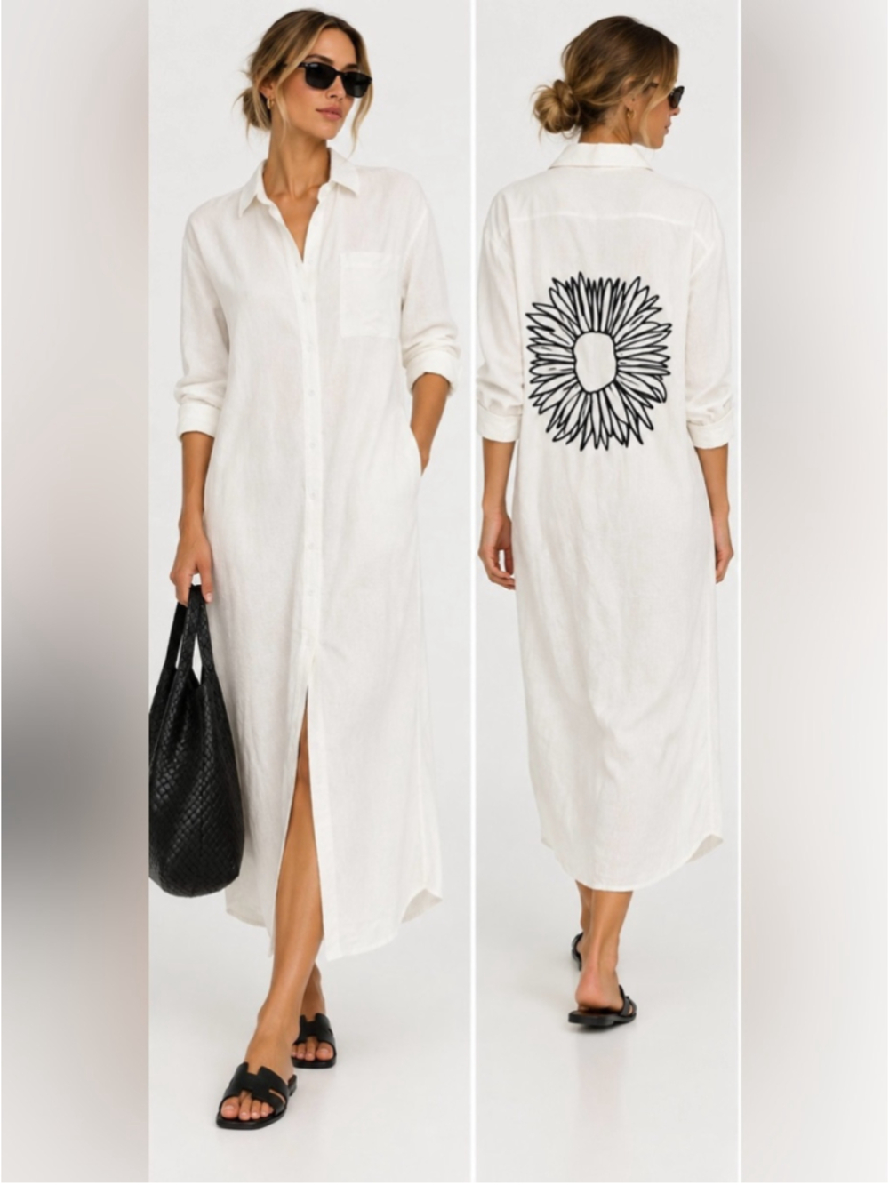 Anthropologie BLANK White Linen Rayon Maxi Shirt Dress Sunflower Graphic Back